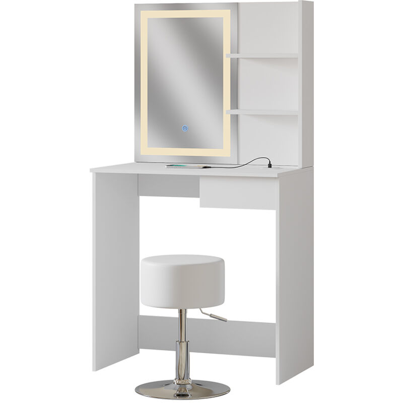 Vicco - Coiffeuse Dekos, Blanc, 75 cm avec miroir led, chargeur qi et tabouret
