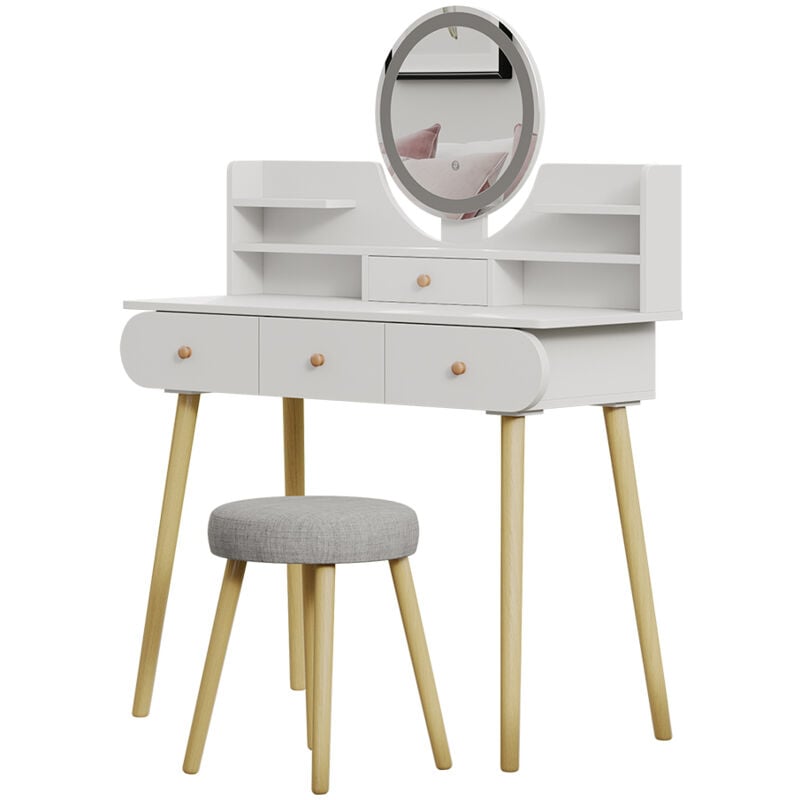 Vicco - Coiffeuse Edda, Blanc, 100 cm avec miroir led et tabouret