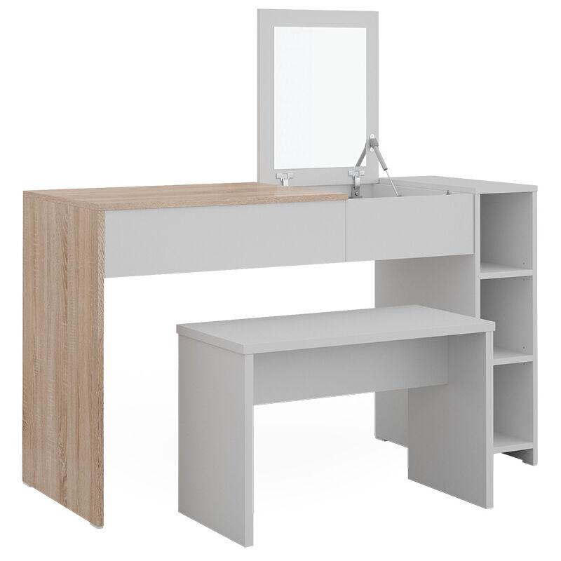 Coiffeuse Kira, Blanc/Sonoma, 129.6 cm avec tabouret et miroir escamotable Vicco