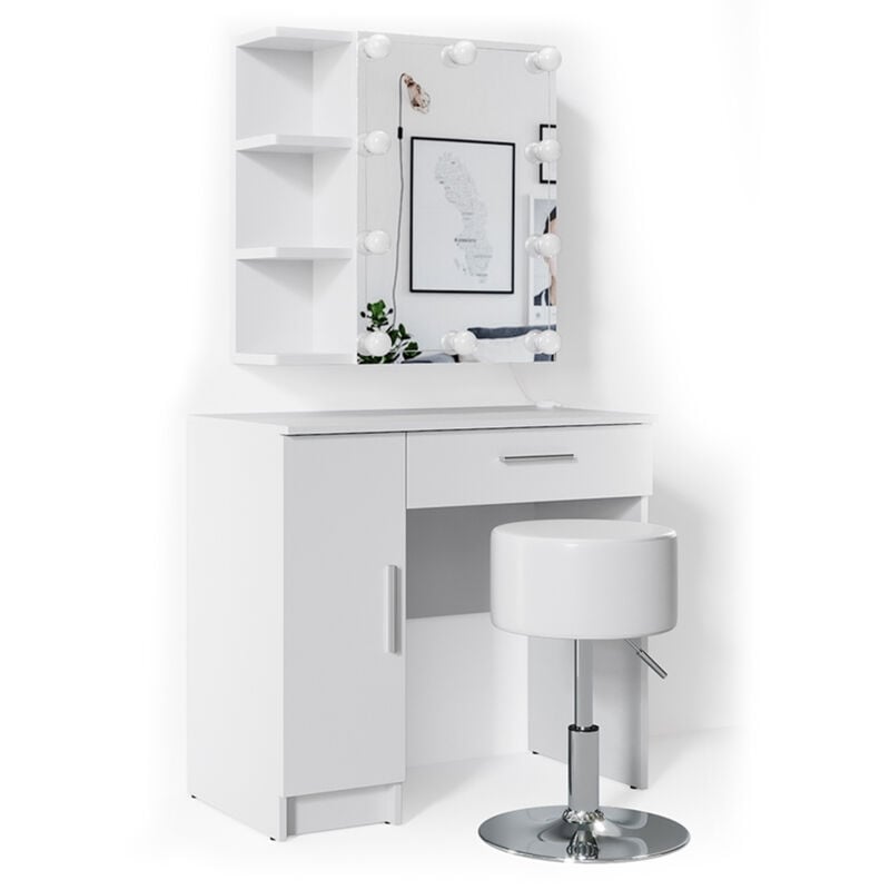 Coiffeuse Fynnia, Blanc, 80.2 cm avec éclairage led et tabouret Vicco