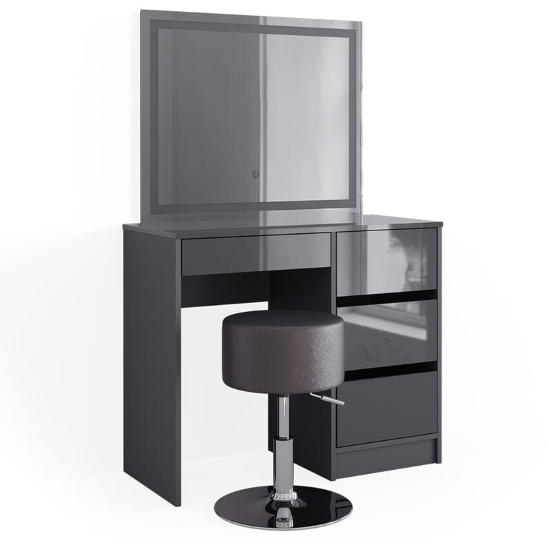 Coiffeuse Sherry, Anthracite, 90 cm avec miroir led et tabouret Vicco