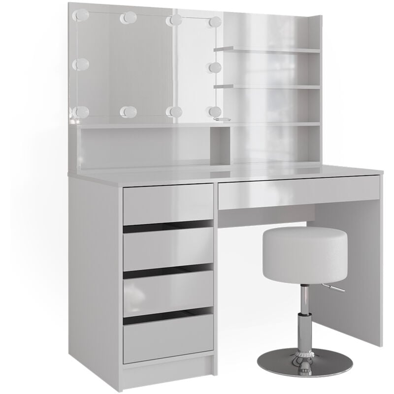 Coiffeuse Sherry, Blanc, 145 cm avec éclairage led, tabouret et étagère miroir Vicco