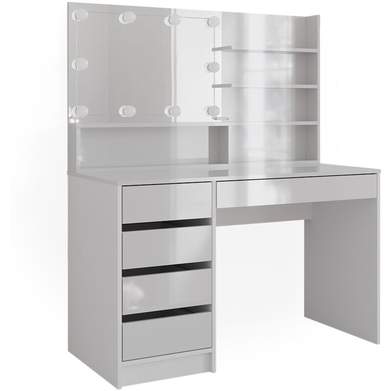 Vicco - Coiffeuse Sherry, Blanc, 145 cm avec éclairage led, et étagère miroir