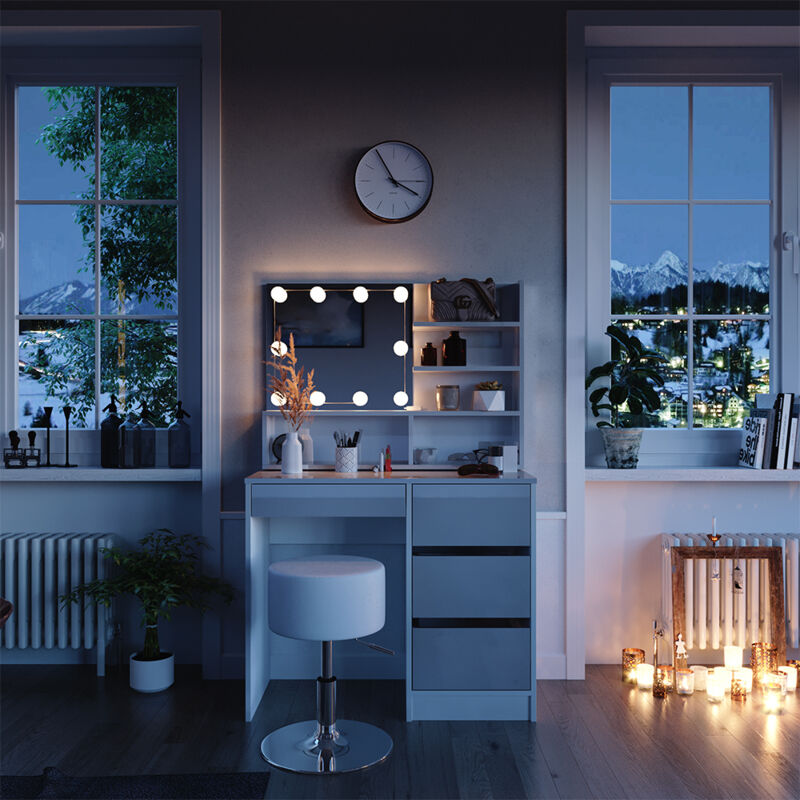 Vicco - Coiffeuse Sherry, Blanc, 140 cm avec éclairage led, tabouret et étagère miroir