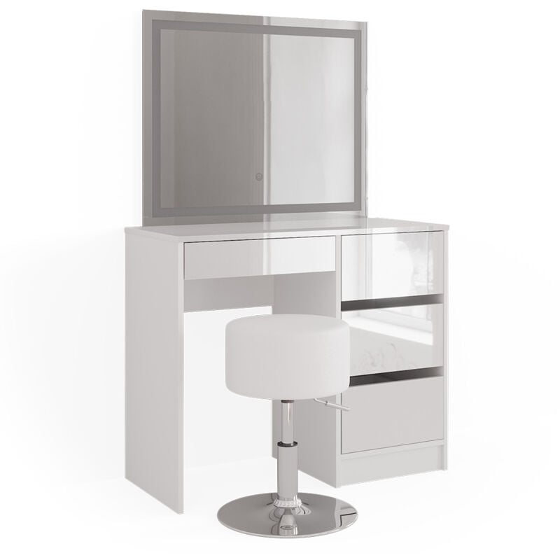Vicco - Coiffeuse Sherry, Blanc, 90 cm avec miroir led et tabouret