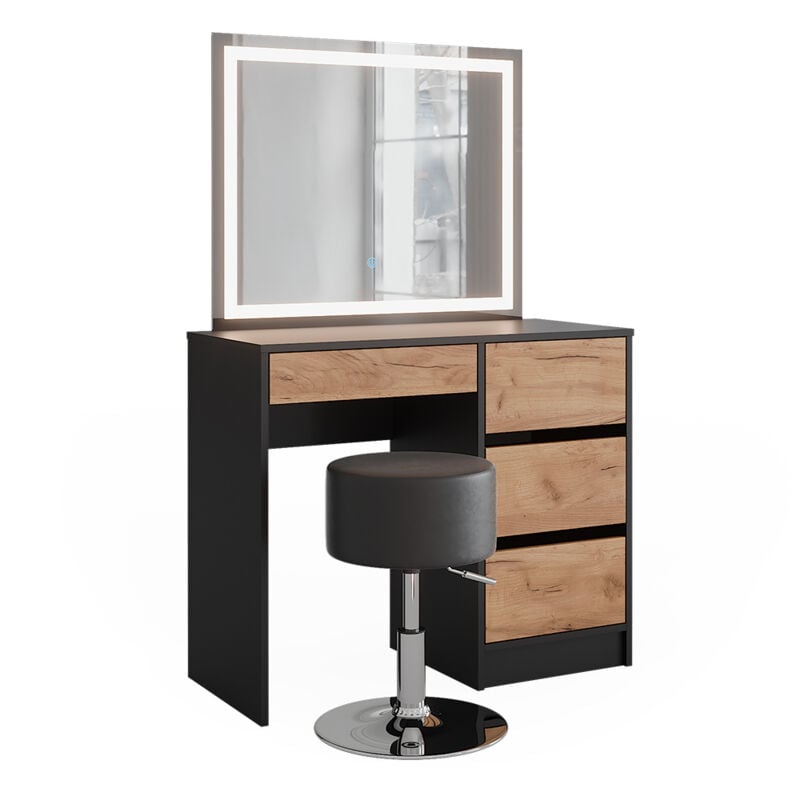 Vicco - Coiffeuse Sherry, Anthracite, 90x75cm avec miroir led et tabouret