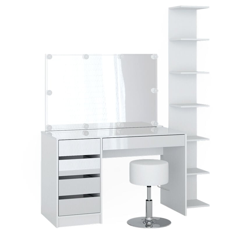 Vicco - Coiffeuse Sherry, Blanc, 4 pièces, avec étagère de rangement, miroir, tabouret, led