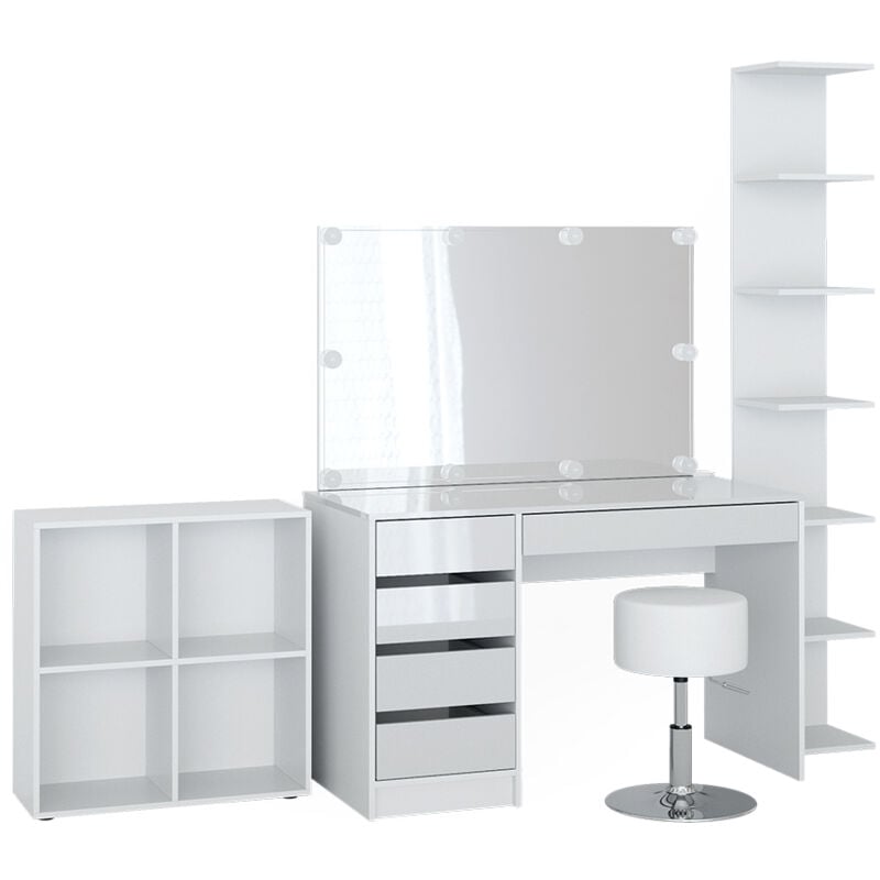 Coiffeuse Sherry, Blanc, 5 pièces, avec étagère de rangement, étagère sur pied, miroir, tabouret, led Vicco