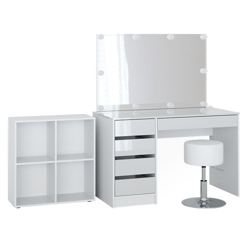 Coiffeuse Sherry, Blanc, 120 cm 4 pièces, avec étagère sur pied, miroir, tabouret, led Vicco