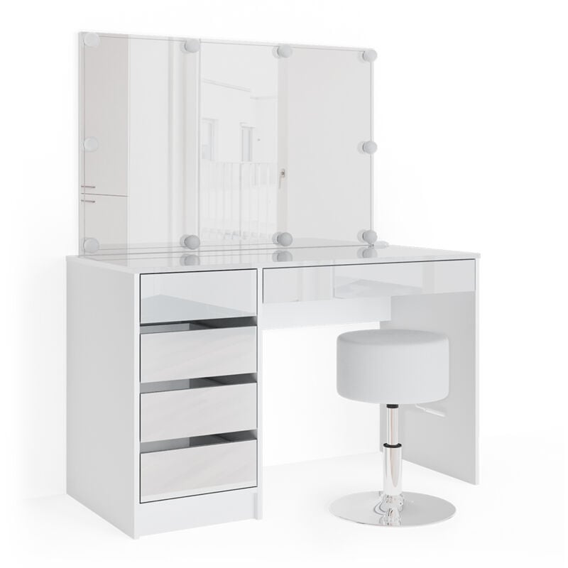 Vicco - Coiffeuse Sherry, Blanc, 120 cm avec éclairage led et tabouret