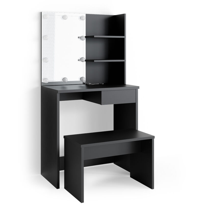 Vicco - Coiffeuse Dekos, Noir, 75 cm avec éclairage led et banc