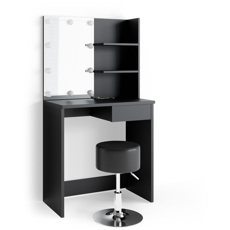Vicco - Coiffeuse Dekos, Noir, 75 cm avec éclairage led et tabouret