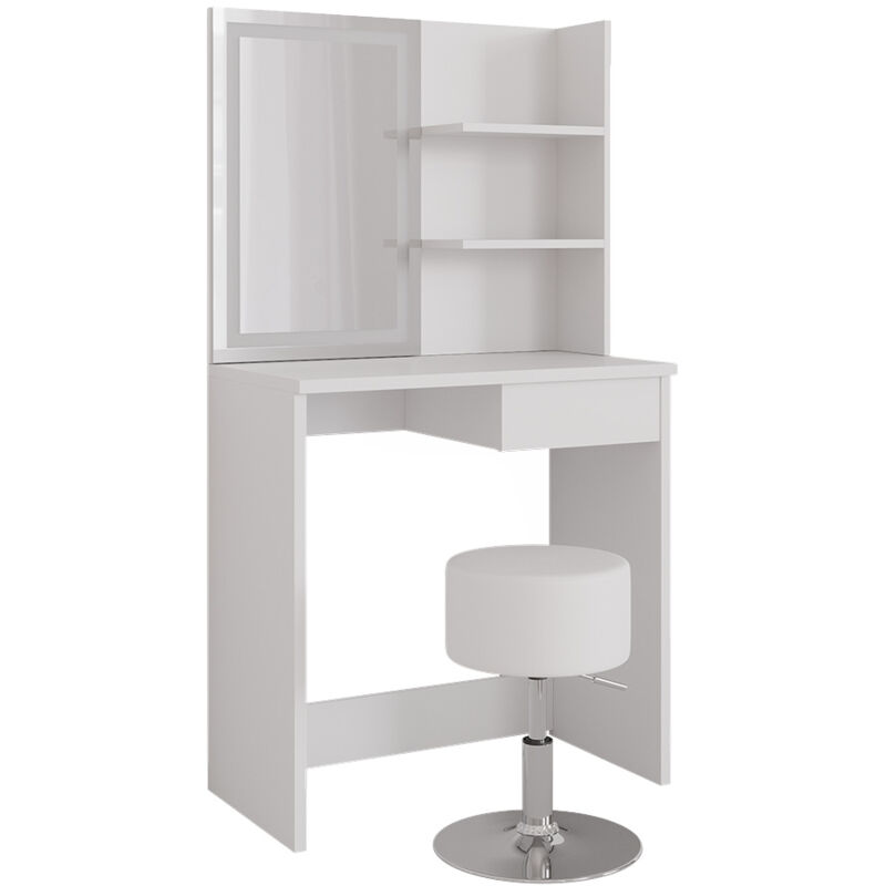 Coiffeuse Dekos, Blanc, 75 cm avec miroir LED et tabouret, Vicco