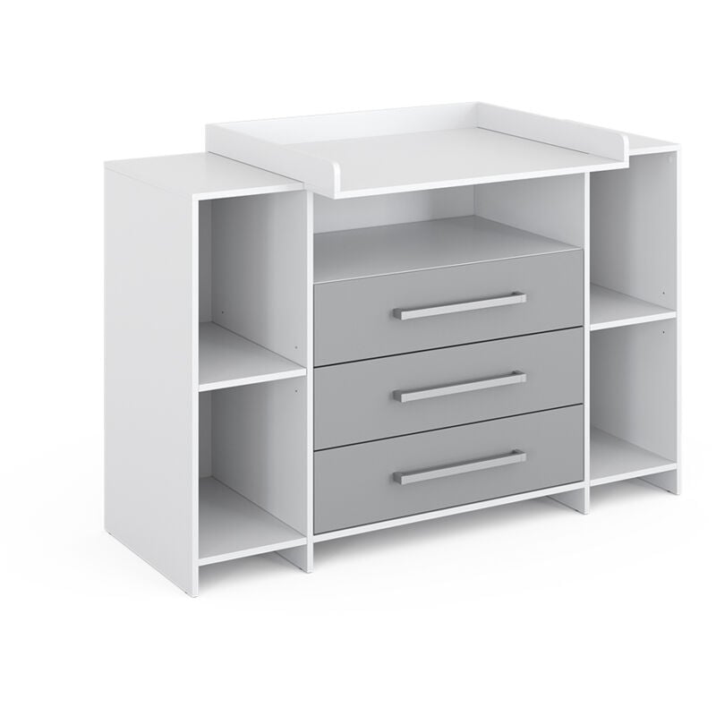 Commode à langer Oskar, blanc/gris, 143 x 100 cm xl avec tiroirs Vicco