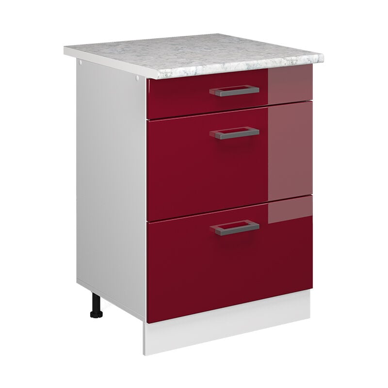 Vicco - Mobiletto base per cucina R-Line, Rosso bordeaux lucido, 60 cm con cassetti pl Marmo