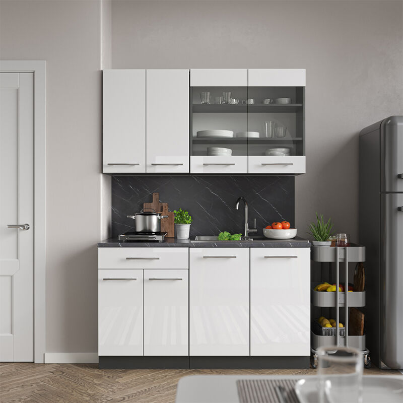 Vicco Cucina Completa Fame line, Bianco Lucido antracite, 140 Cm Se...