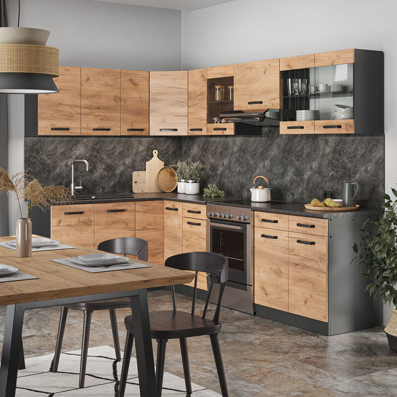 Vicco - Cuisine d'angle Rick, Anthracite/chêne doré, 267x167cm , pt à motifs noirs avec bande led
