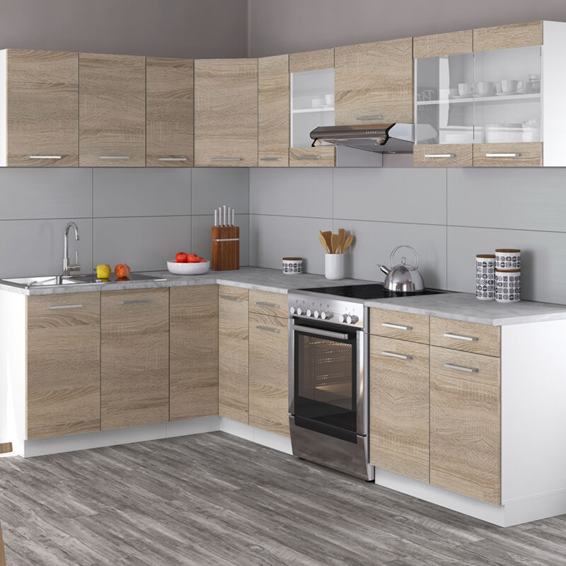 Vicco - Cuisine d'angle Rick, Blanc/Sonoma, 267x167cm , pt Marbre avec bande led