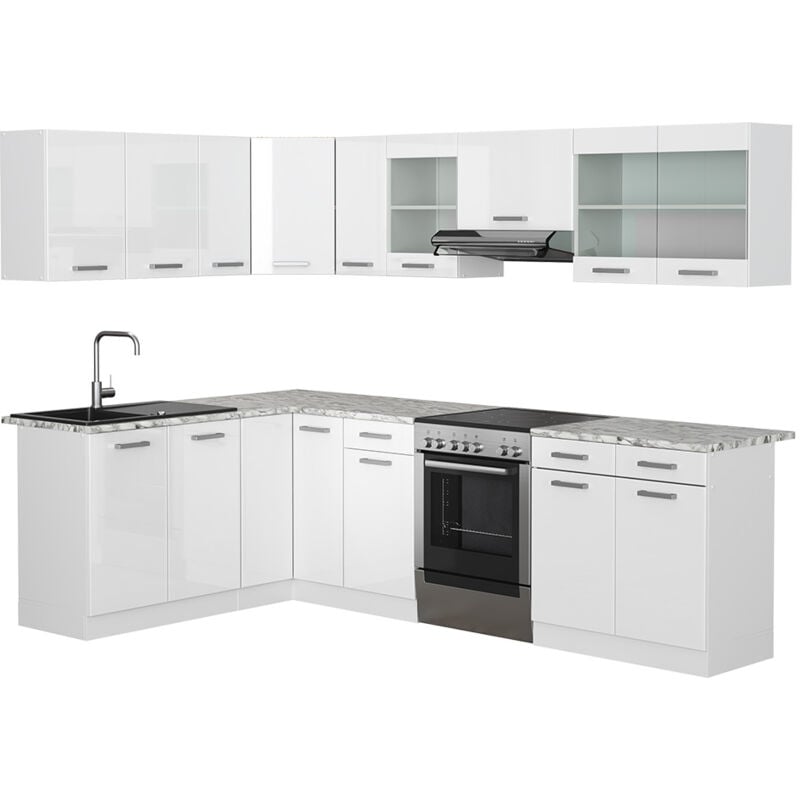 Vicco - Cuisine en angle Rick, blanc/blanc brillant, 267x167cm, pt Marbre