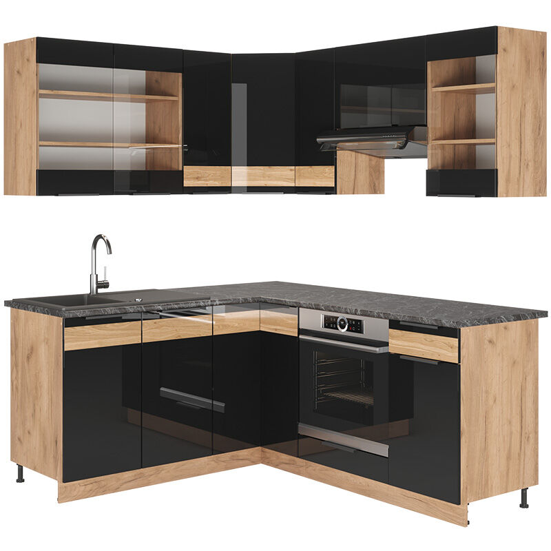 Cuisine en angle Fame-Line, Chêne noir brillant/chêne doré, 160 x 190 cm, PT Anthracite, Vicco