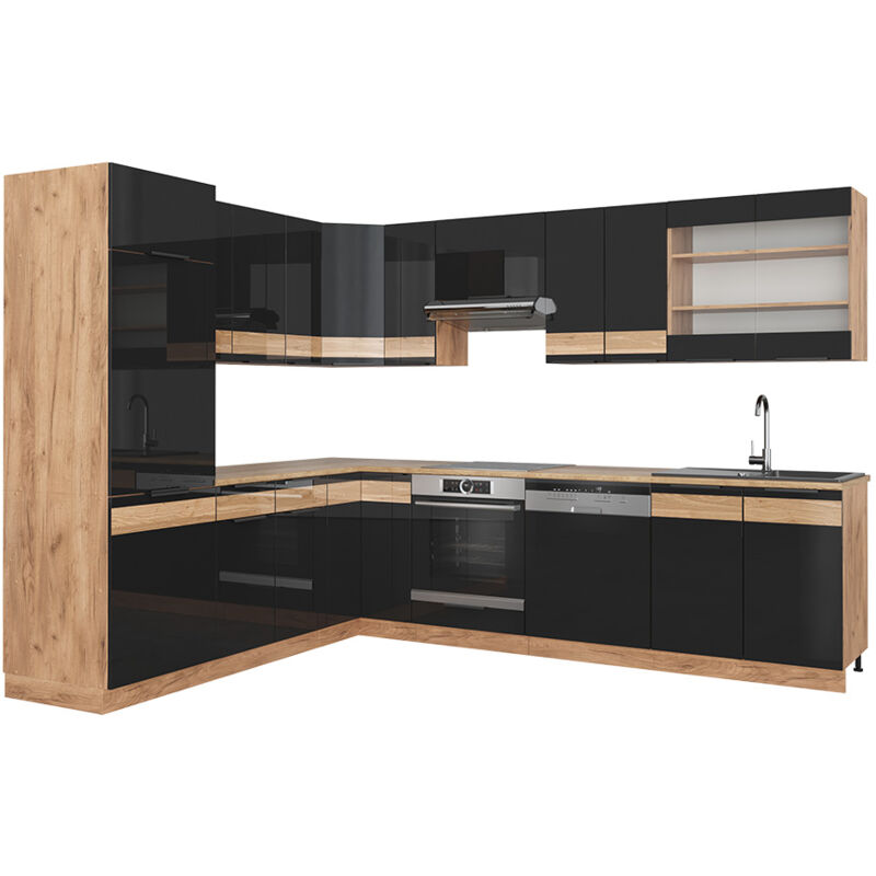 Vicco - Cuisine en angle Fame-Line, Chêne noir brillant/chêne doré, 227 x 287 cm, pt Chêne