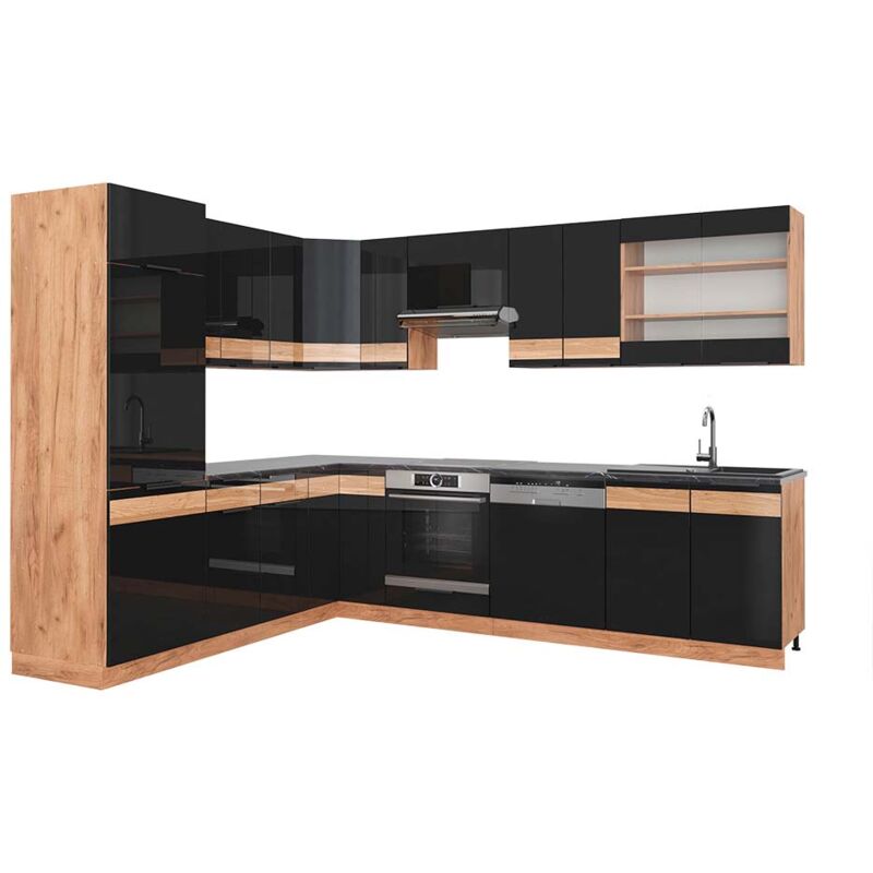 Vicco - Cuisine en angle Fame-Line, Chêne noir brillant/chêne doré, 227 x 287 cm, pt Anthracite