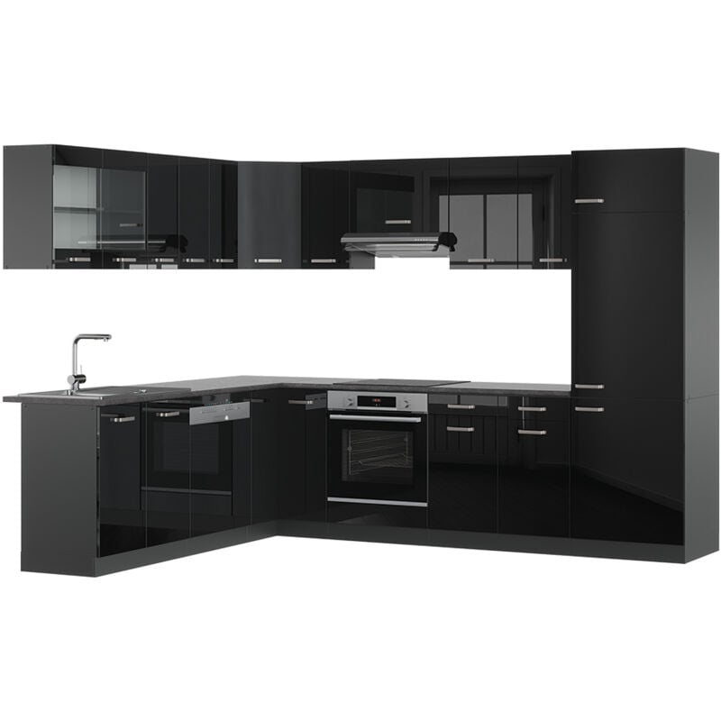 Cuisine en angle R-Line, Noir brillant/Anthracite, 227 x 287 cm sans plan de travail, Vicco