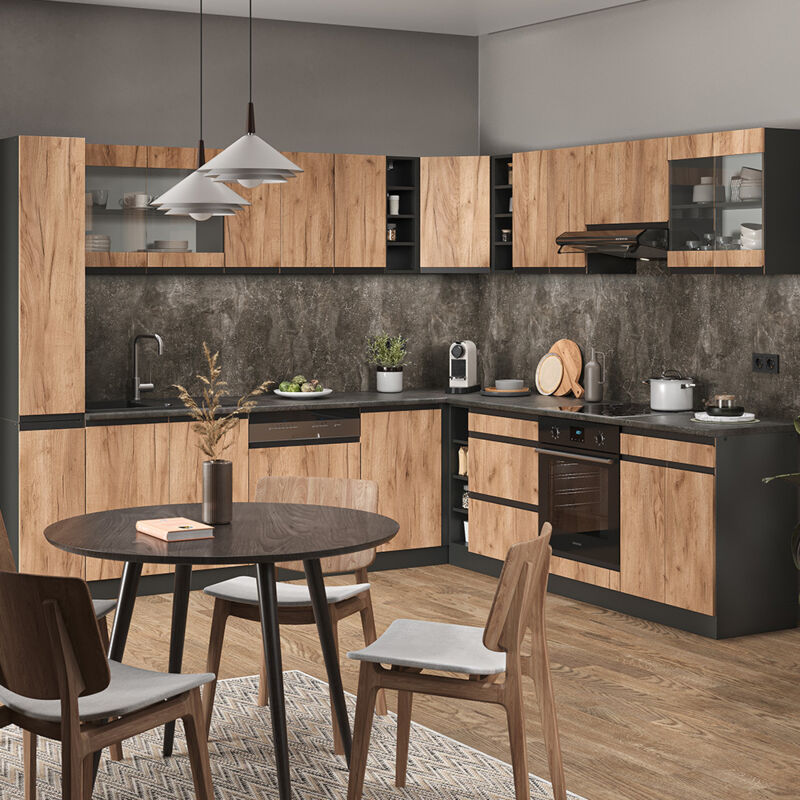 Vicco - Cuisine en angle R-Line, Chêne de force doré, 257x60cm J-Shape, sans plan de travail