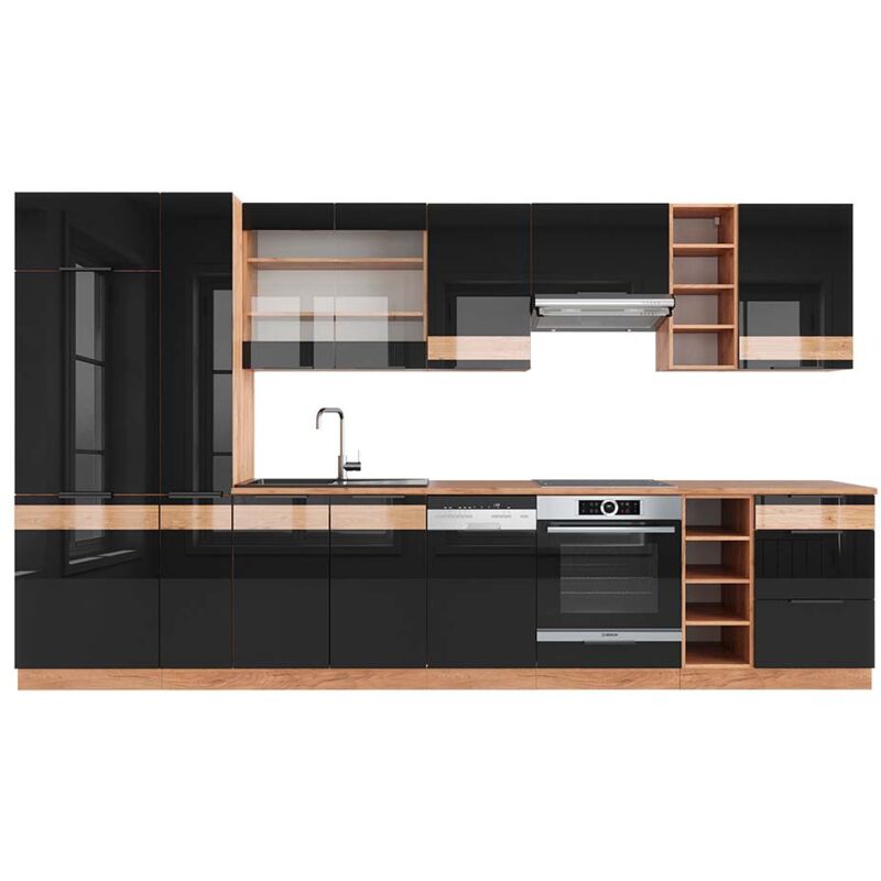 Vicco - Cuisine Fame-Line, Chêne noir brillant/chêne doré, 355 cm, pt Chêne