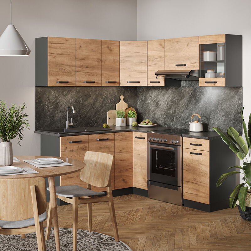 Vicco - Cuisine d'angle Rick, Anthracite/chêne doré, 187x167cm , pt à motifs noirs avec bande led