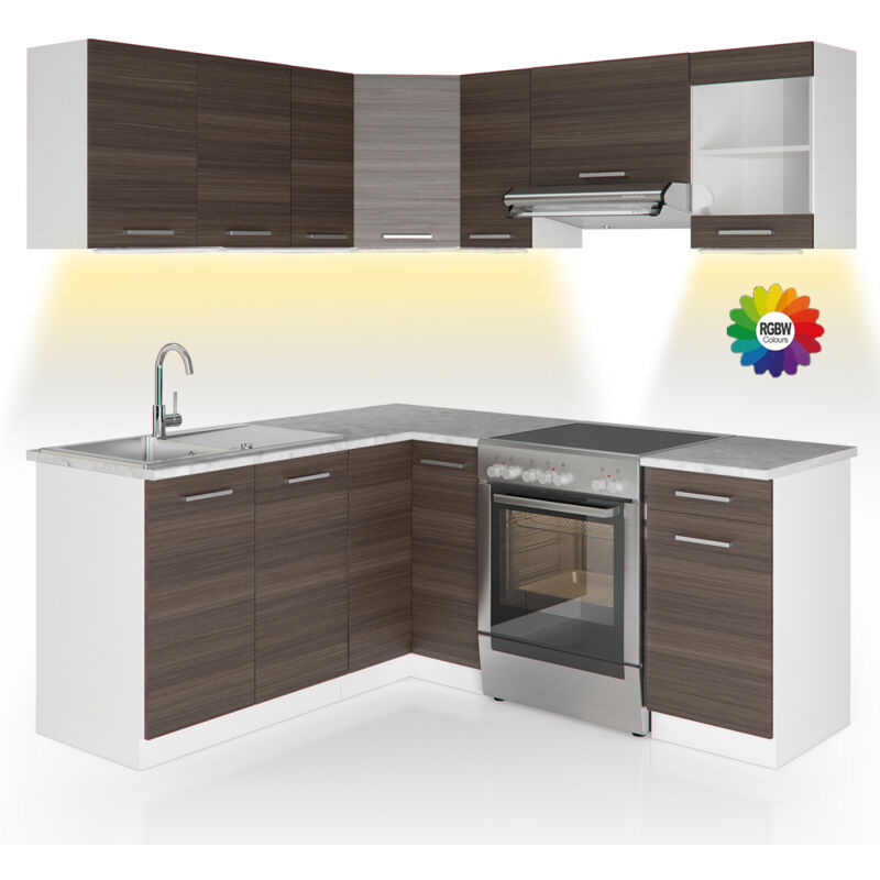 Vicco - Cuisine d'angle Rick, Blanc/gris noble, 187x167cm , pt Marbre avec bande led
