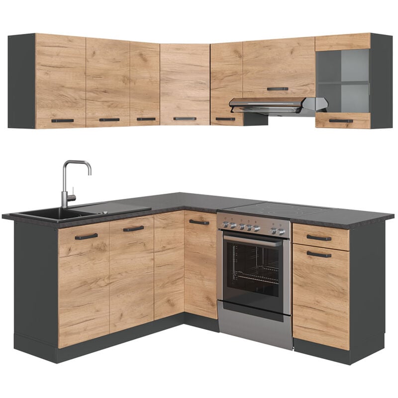 Vicco - Cuisine d'angle Rick, Anthracite/chêne doré, 187x167cm, pt à motifs noirs