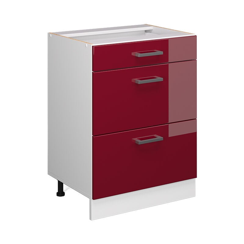 Meuble cuisine R-Line, Rouge bordeaux Haute brillance, 60 cm avec tiroirs, sans plan de travail Vicco