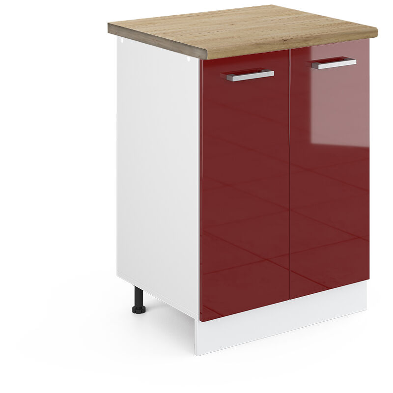 Meuble bas de cuisine R-Line, Rouge bordeaux Haute brillance, 60cm, PT Chêne, Vicco