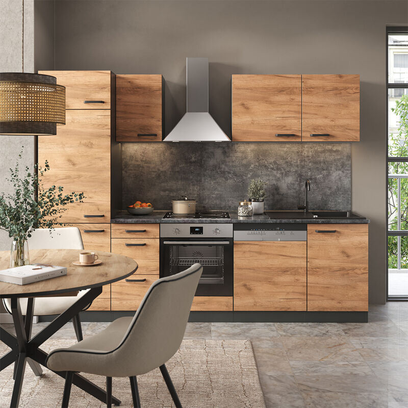 Cuisine Optima, Chêne doré/anthracite, 270cm sans plan de travail, avec armoire haute, Vicco
