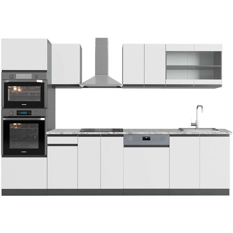 Vicco - Cuisine R-Line, blanc/anthracite, 300 cm avec armoire haute, pt Marbre