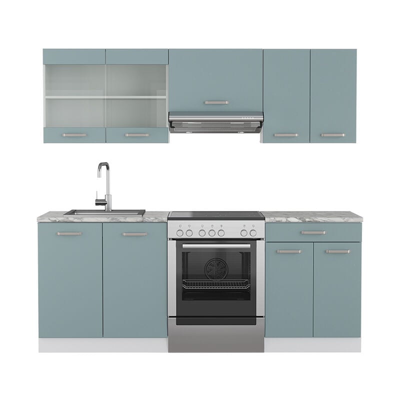 Cuisine R-Line, Bleu-gris/blanc, 200 cm sans plan de travail, Vicco