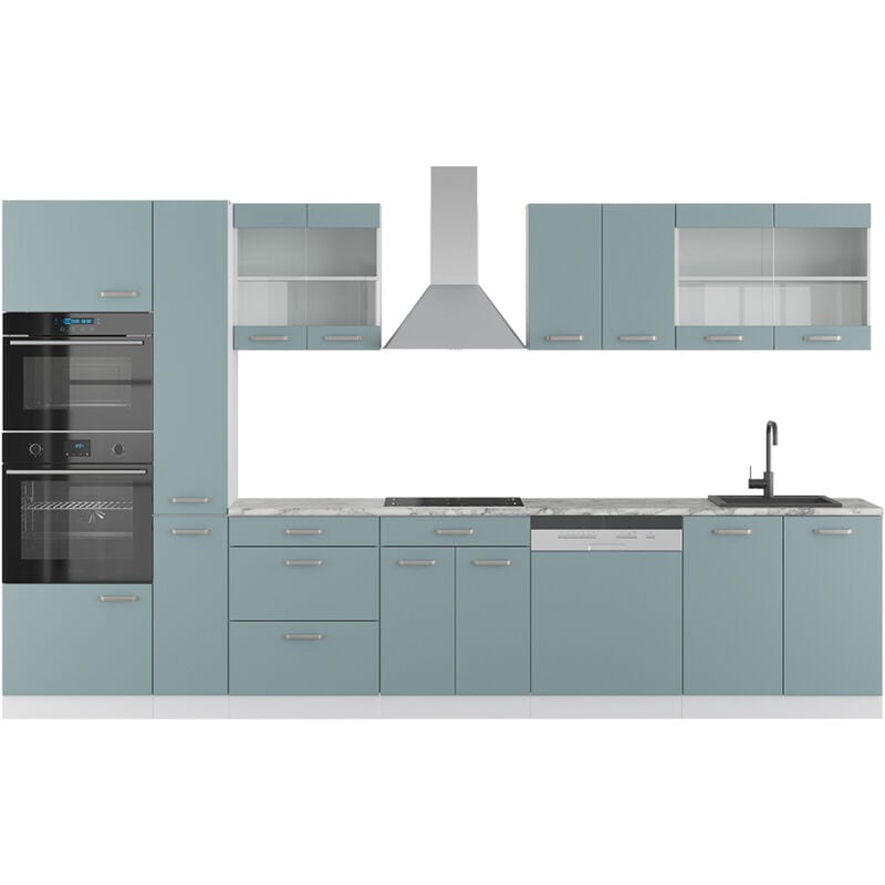 Vicco - Cuisine R-Line, Bleu-gris/blanc, 350 cm avec armoire haute, pt Marbre