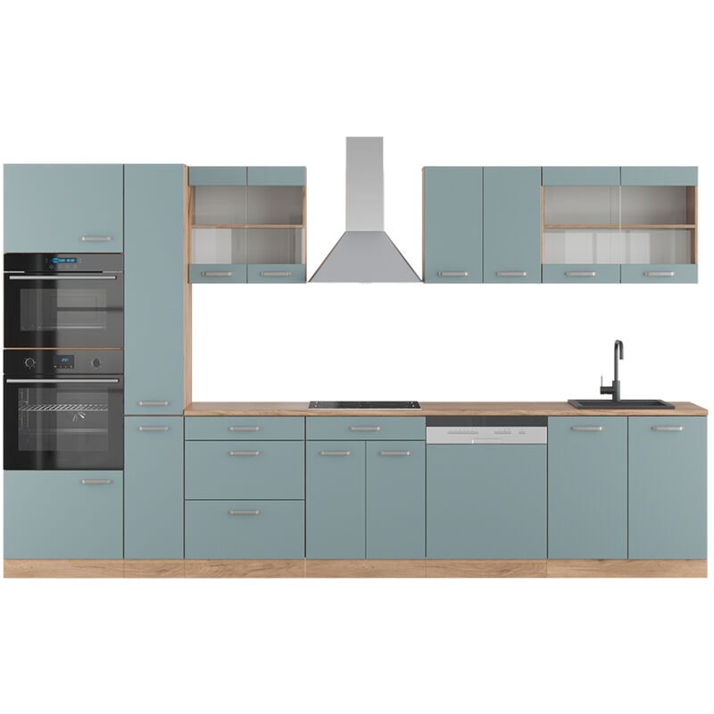 Vicco - Cuisine R-Line, Bleu-gris/chêne doré, 350 cm avec armoire haute, sans plan de travail