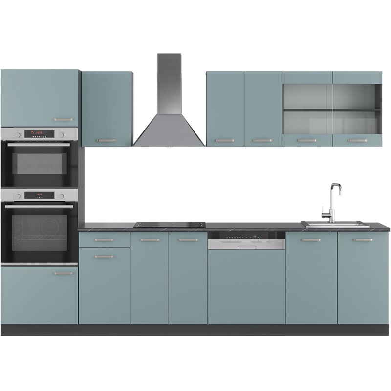 Vicco - Cuisine R-Line, Bleu-gris/anthracite, 300 cm avec armoire haute, sans plan de travail