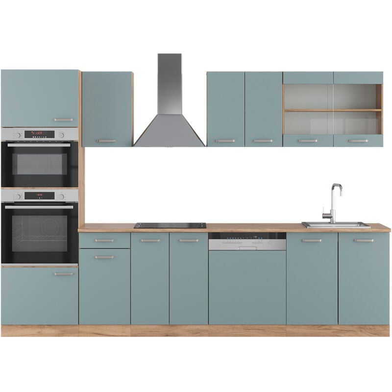 Vicco - Cuisine R-Line, Bleu-gris/chêne doré, 300 cm avec armoire haute, sans plan de travail