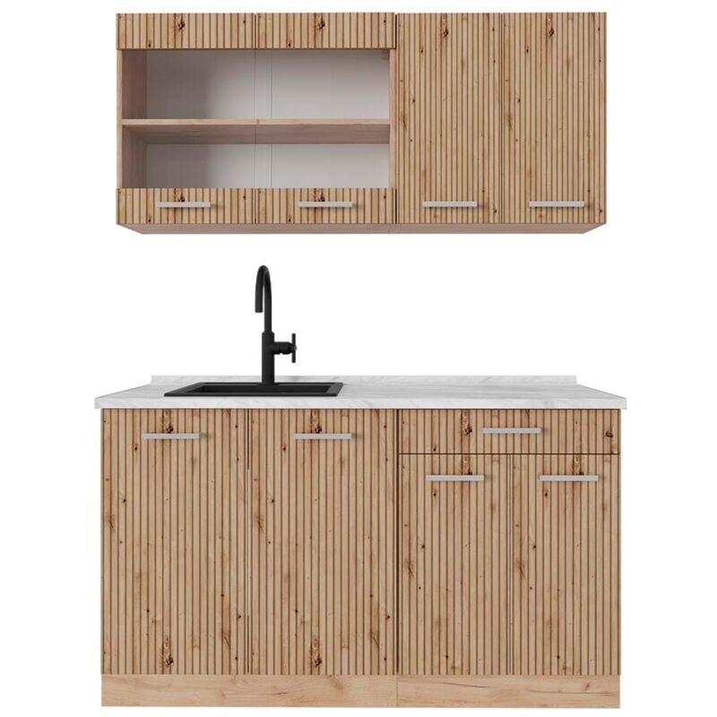 Cuisine R-Line, Chêne Artisan/Chêne doré, 140 cm, pt Marbre Vicco