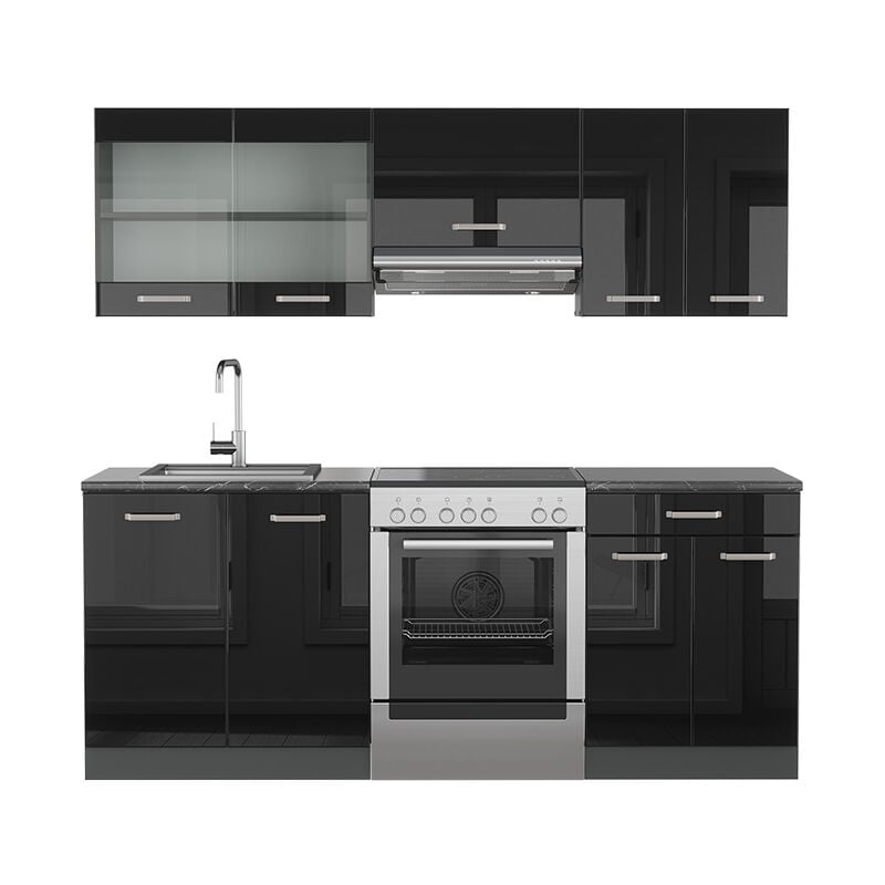 Cuisine R-Line, Noir brillant/Anthracite, 200 cm sans plan de travail Vicco