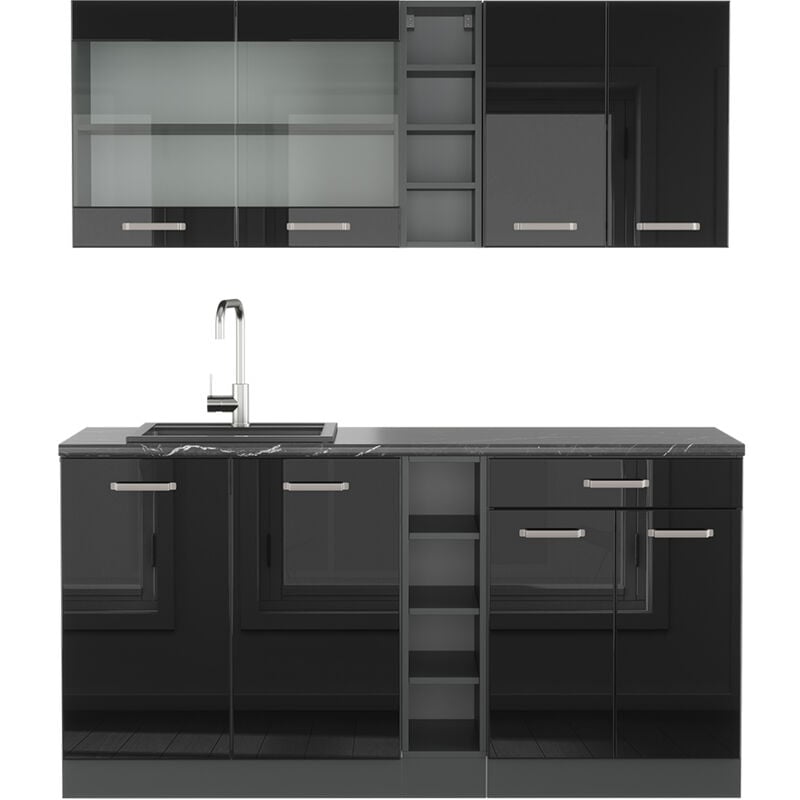 Cuisine R-Line, Noir brillant/Anthracite, 160 cm sans plan de travail Vicco
