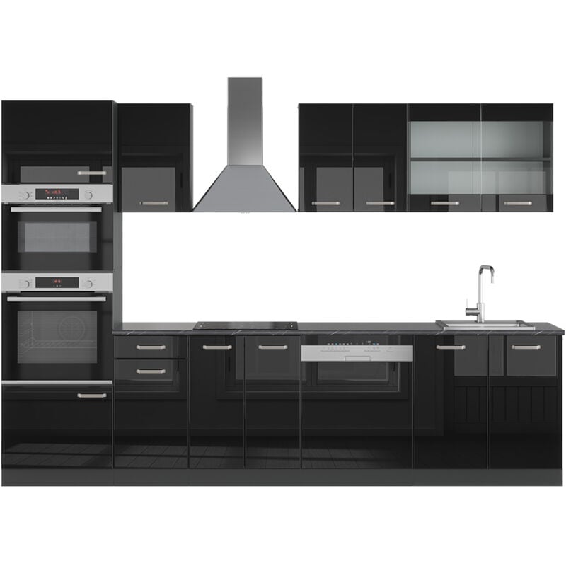 Cuisine R-Line, Noir brillant/Anthracite, 300 cm avec armoire haute, sans plan de travail Vicco