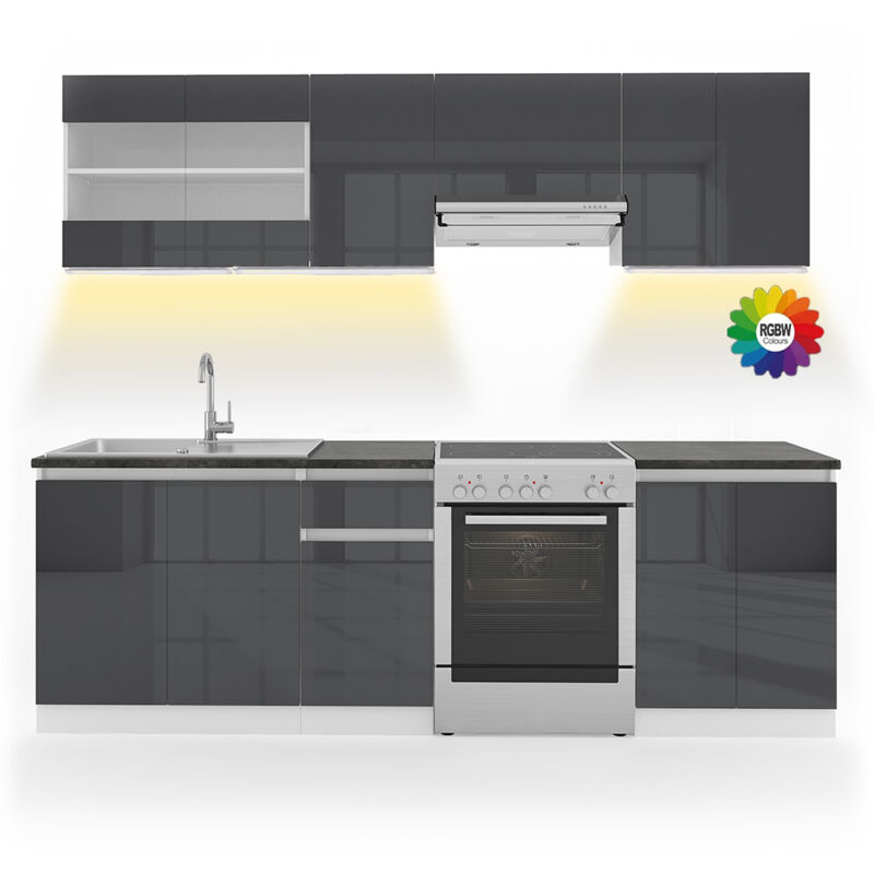 Vicco - Ligne de cuisine Raul, Anthracite/blanc, 240cm, ap Noir avec bande led