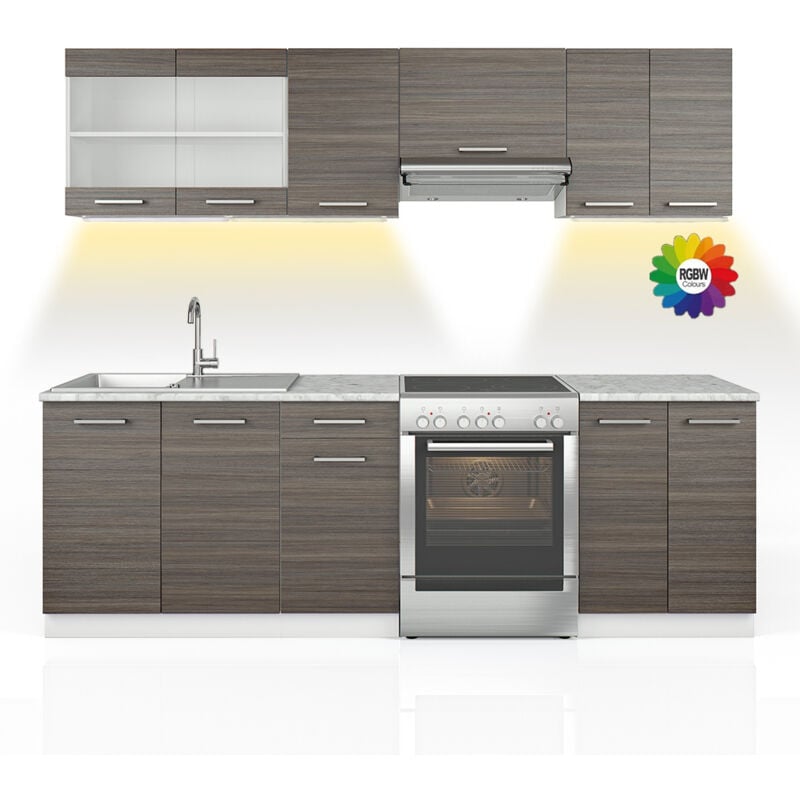 Cuisine Raul, Gris noble, 240cm, pt Marbre avec bande led Vicco