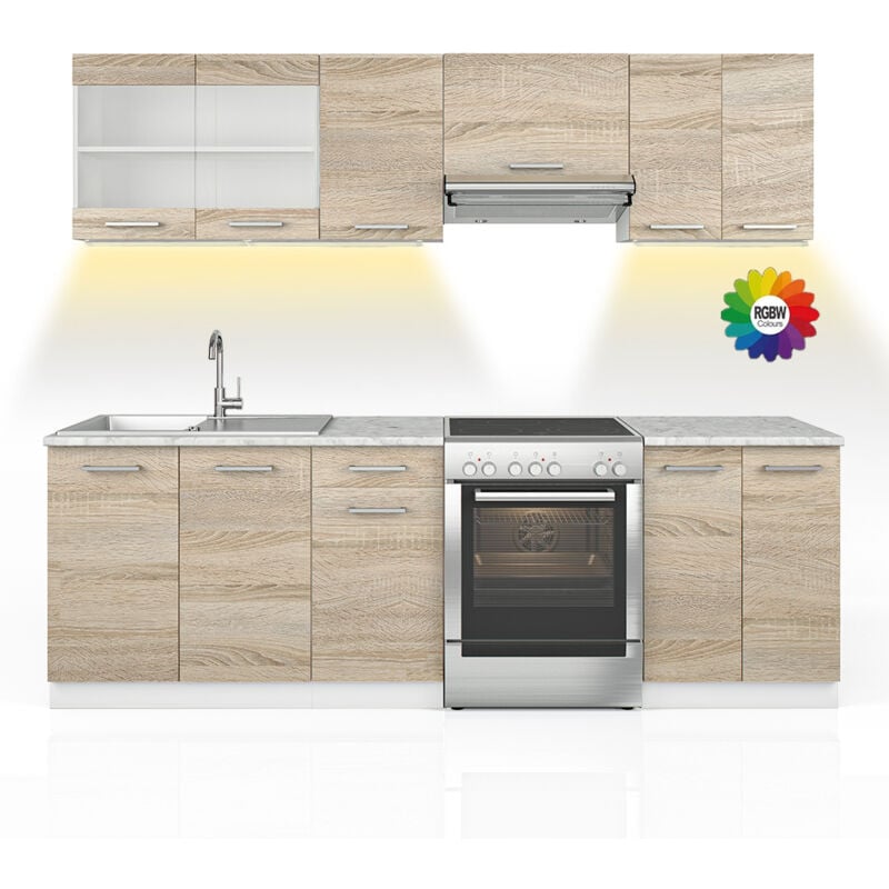 Vicco - Cuisine Raul, Sonoma, 240cm, pt Marbre avec bande led