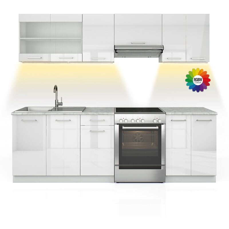 Vicco - Cuisine Raul, Blanc, 240cm, pt Marbre avec bande led