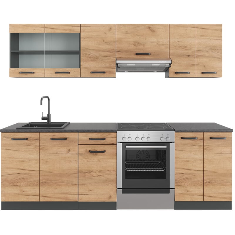 Cuisine Raul, Chêne doré/anthracite, 240cm, pt à motifs noirs Vicco